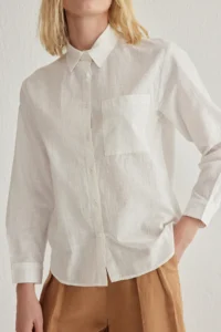 TRENDYOLMİLLA White Cotton Blended linen look Oversized Wide Pattern Weaving Shirt - Image 3