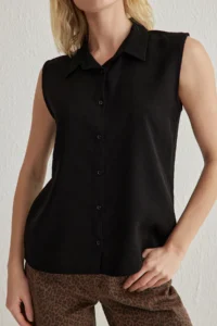 TRENDYOLMİLLA Black Zero Sleeve linen look Regular Normal Pattern Weaving Shirt - Image 3