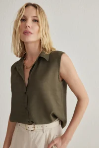 TRENDYOLMİLLA Khaki Zero Sleeve linen look Regular Normal Pattern Weaving Shirt - Image 2