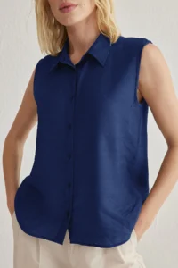TRENDYOLMİLLA Navy Blue Zero Sleeve linen look Regular Normal Pattern Weaving Shirt - Image 3
