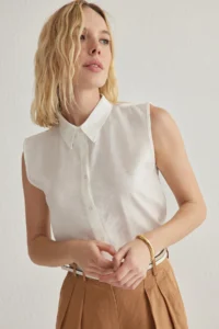 TRENDYOLMİLLA White Zero Sleeve linen look Regular Normal Pattern Weaving Shirt - Image 2
