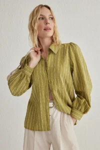 TRENDYOLMİLLA Khaki Back Binding Detailed Striped buttoned Regular Nomral Pattern Weaving Shirt