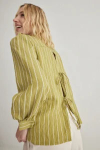 TRENDYOLMİLLA Khaki Back Binding Detailed Striped buttoned Regular Nomral Pattern Weaving Shirt - Image 2