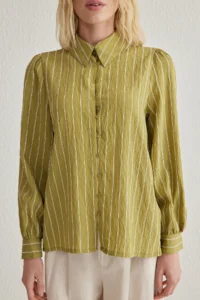 TRENDYOLMİLLA Khaki Back Binding Detailed Striped buttoned Regular Nomral Pattern Weaving Shirt - Image 3