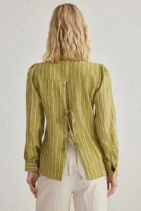 TRENDYOLMİLLA Khaki Back Binding Detailed Striped buttoned Regular Nomral Pattern Weaving Shirt - Image 5