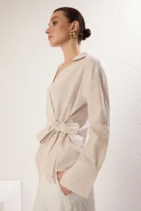 TRENDYOLMİLLA Beige Side Binding Detailed Flamed Cotton Regular Normal Pattern Weaving Shirt