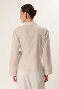 TRENDYOLMİLLA Beige Side Binding Detailed Flamed Cotton Regular Normal Pattern Weaving Shirt - Image 5