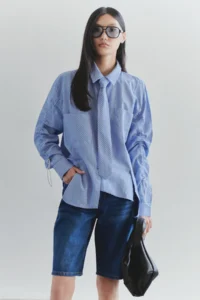 TRENDYOLMİLLA Mavi Tie Detailed Striped Weaving Shirt - Image 2