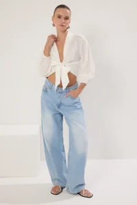 TRENDYOLMİLLA White Binding Detailed Striped Weaving Shirt - Image 2