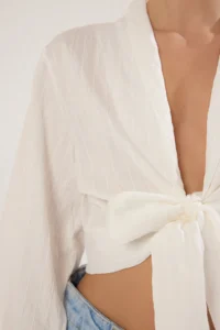 TRENDYOLMİLLA White Binding Detailed Striped Weaving Shirt - Image 3