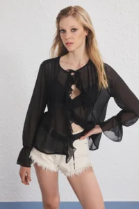TRENDYOLMİLLA Black Boho Ruffle Detailed Siphon Tire Detailed Shirt
