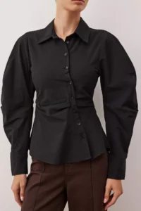 TRENDYOLMİLLA Black Balloon Sleeve Detailed Asymmetric Fitted Shirt - Image 3