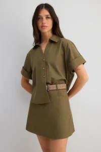 TRENDYOLMİLLA Khaki Thin Gabardine Boxy Cotton  Shirt - Image 2