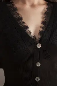TRENDYOLMİLLA Black Lace Sleeve and Collar Garnished Knitwear Cardigan - Image 3