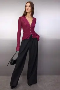 TRENDYOLMİLLA Plum Lace Sleeve and Collar Garnished Knitwear Cardigan - Image 2