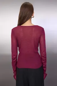 TRENDYOLMİLLA Plum Lace Sleeve and Collar Garnished Knitwear Cardigan - Image 4