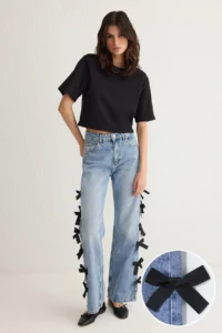 TRENDYOLMİLLA Mavi Ribbon/Bow Detailed Regular Waist Wide Leg Wide Leg 100% Cotton jeans