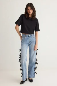 TRENDYOLMİLLA Mavi Ribbon/Bow Detailed Regular Waist Wide Leg Wide Leg 100% Cotton jeans - Image 2