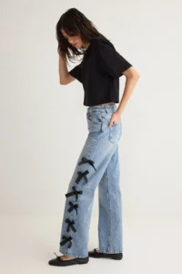 TRENDYOLMİLLA Mavi Ribbon/Bow Detailed Regular Waist Wide Leg Wide Leg 100% Cotton jeans - Image 3