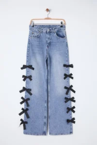 TRENDYOLMİLLA Mavi Ribbon/Bow Detailed Regular Waist Wide Leg Wide Leg 100% Cotton jeans - Image 7