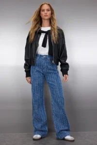 TRENDYOLMİLLA Mavi textured High Waist Wide Leg Wide Leg 100% Cotton Non-Stretch jeans - Image 3