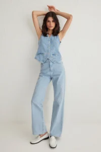TRENDYOLMİLLA Light Blue Floral Embroidered High Waist Wide Leg Wide Leg 100% Cotton Non-Stretch jeans - Image 2