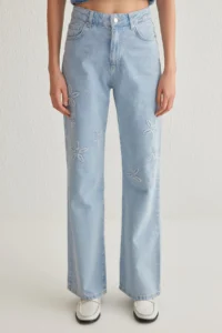 TRENDYOLMİLLA Light Blue Floral Embroidered High Waist Wide Leg Wide Leg 100% Cotton Non-Stretch jeans - Image 3