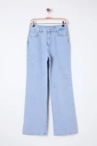 TRENDYOLMİLLA Light Blue Floral Embroidered High Waist Wide Leg Wide Leg 100% Cotton Non-Stretch jeans - Image 6