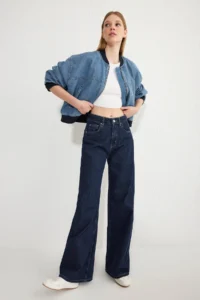 TRENDYOLMİLLA Dark Blue Regular Waist Wide Leg Wide Leg 100% Cotton Non-Stretch jeans