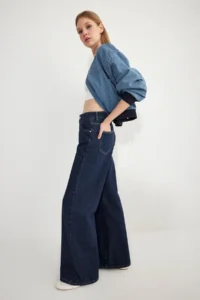 TRENDYOLMİLLA Dark Blue Regular Waist Wide Leg Wide Leg 100% Cotton Non-Stretch jeans - Image 2
