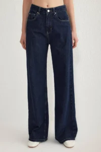 TRENDYOLMİLLA Dark Blue Regular Waist Wide Leg Wide Leg 100% Cotton Non-Stretch jeans - Image 3