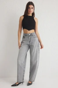 TRENDYOLMİLLA Gray Regular Waist Loose Baggy jeans