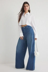 TRENDYOLMİLLA Mavi High Waist Ekstra Wide Leg Palazzo Pants Wide Leg 100% Cotton Non-Stretch jeans