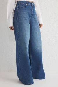 TRENDYOLMİLLA Mavi High Waist Ekstra Wide Leg Palazzo Pants Wide Leg 100% Cotton Non-Stretch jeans - Image 3
