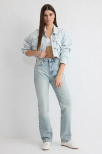 TRENDYOLMİLLA Light Blue High Waist Straight Plain Kesim 100% Cotton Non-Stretch jeans - Image 2