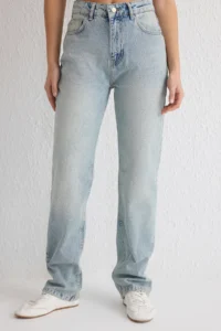 TRENDYOLMİLLA Light Blue High Waist Straight Plain Kesim 100% Cotton Non-Stretch jeans - Image 3