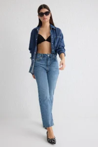 TRENDYOLMİLLA Mavi High Waist Plain Kesim Middle Flexible Straight jeans - Image 2