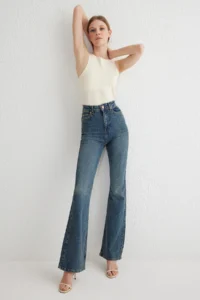 TRENDYOLMİLLA Dark Blue High Waist Less Flexible Flare flared leg jeans - Image 2