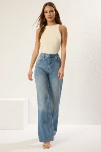 TRENDYOLMİLLA Mavi High Waist Wide Leg Wide Leg 100% Cotton Non-Stretch jeans