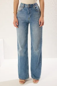TRENDYOLMİLLA Mavi High Waist Wide Leg Wide Leg 100% Cotton Non-Stretch jeans - Image 3