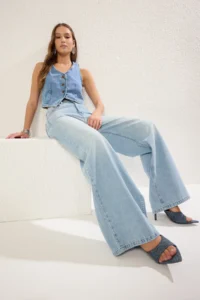 TRENDYOLMİLLA Mavi High Waist Ekstra Wide Leg Palazzo Pants 100% Cotton Non-Stretch jeans - Image 2