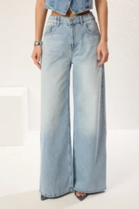 TRENDYOLMİLLA Mavi High Waist Ekstra Wide Leg Palazzo Pants 100% Cotton Non-Stretch jeans - Image 3