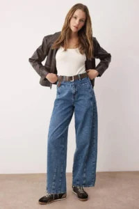 TRENDYOLMİLLA Mavi Brown Arched Stitching Detailed High Waist barrel Balloon jeans