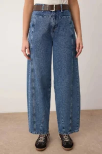 TRENDYOLMİLLA Mavi Brown Arched Stitching Detailed High Waist barrel Balloon jeans - Image 3