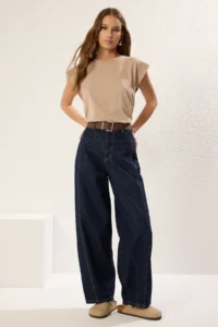 TRENDYOLMİLLA Dark Blue Brown Arched Stitching Detailed High Waist barrel Balloon jeans