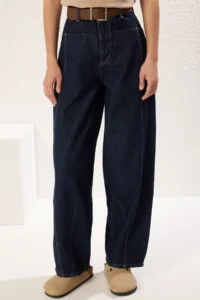 TRENDYOLMİLLA Dark Blue Brown Arched Stitching Detailed High Waist barrel Balloon jeans - Image 3