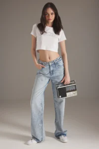 TRENDYOLMİLLA Mavi Ribbon/Bow Detailed Stone Regular Waist Wide Leg Wide Leg jeans