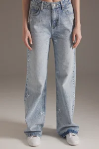 TRENDYOLMİLLA Mavi Ribbon/Bow Detailed Stone Regular Waist Wide Leg Wide Leg jeans - Image 3