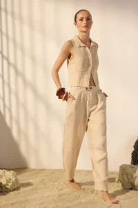 TRENDYOLMİLLA Beige 100% Linen Belt Detailed barrel Pants - Image 2