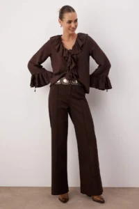 TRENDYOLMİLLA Brown High Waist Rib Detailed Hem Cutout comfort/Flexible Wide Leg jeans